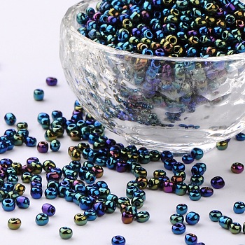 8/0 Glass Seed Beads, Iris Round, Green, about 3mm in diameter, hole: 0.8mm, about 10000pcs/bag