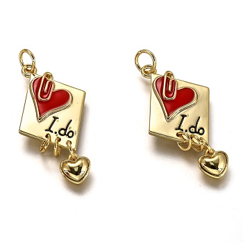 Brass Enamel Pendants, Long-Lasting Plated, Real 18K Gold Plated, Rhombus with Heart & Word I DO, Red, 29x15.5x2.4mm, Hole: 3.3mm