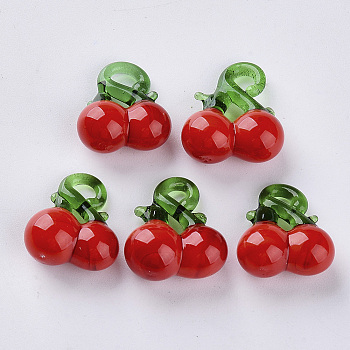 Handmade Lampwork Pendants, Cherry, Red, 17~22.5x15~20.5x8~10mm, Hole: 2~3.5mm
