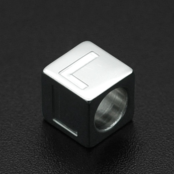 201 Stainless Steel European Beads, Large Hole Beads, Horizontal Hole, Cube, Stainless Steel Color, Letter.L, 7x7x7mm, Hole: 5mm