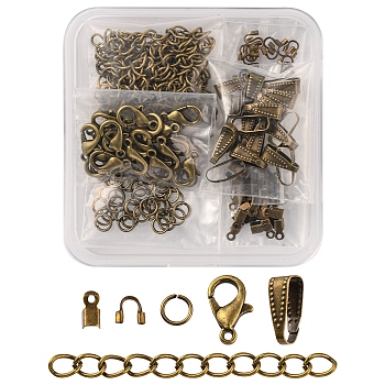 DIY Jewelry Making Finding Kit, Including Zinc Alloy Lobster Claw Clasps, Iron Jump Rings & Ends Chains & Crimp Ends, Brass Snap on Bails & Wire Guardian, Antique Bronze, 5~50x3~4x1~6mm, Hole: 0.5~1.2mm, 200Pcs/box