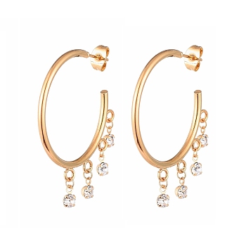 304 Stainless Steel Dangle Stud Earrings, Half Hoop Earrings, with Brass Rhinestone Charms and Ear Nuts, Golden, 39x33x2mm, Pin: 0.8mm