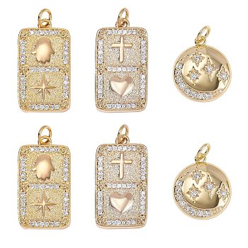 6Pcs 3 Styles Brass Micro Pave Clear Cubic Zirconia Pendants, Nickel Free, with Jump Rings, Mixed Shapes, Real 18K Gold Plated, 2pcs/style