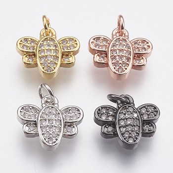 Brass Micro Pave Cubic Zirconia Charms, Butterfly, Mixed Color, 10.5x11.5x3mm, Hole: 1.4mm