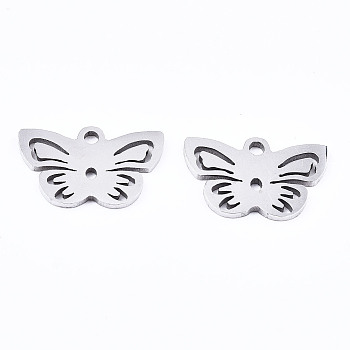 201 Stainless Steel Charms, Laser Cut, Butterfly, Stainless Steel Color, 9x14x1mm, Hole: 1.4mm