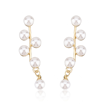 1 Pair ABS Plastic Imitation Pearl Beaded Leafy Branch Dangle Stud Earrings, Golden Alloy Jewelry for Women, White, 43x12.5mm, Pin: 0.6mm
