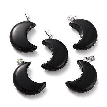 Natural Obsidian Pendants, with Platinum Brass Loops, Moon, 29x18~21x7~10mm, Hole: 6x3mm