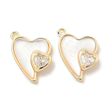 Natural Freshwater Shell Pendants, Brass Pave Clear Glass Heart Charms, Real 18K Gold Plated, 16.5x12x5mm, Hole: 1.2mm