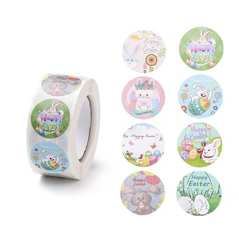 8 Patterns Easter Theme Self Adhesive Paper Sticker Rolls, with Rabbit Pattern, Round Sticker Labels, Gift Tag Stickers, Mixed Color, Easter Theme Pattern, 25x0.1mm, 500pcs/roll