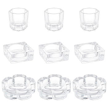 SUPERFINDINGS 9Pcs 3 Style Glass Dappen Dish/Lid Bowl Cup Crystal Dish, Mini Bowl Liquid Holder, Nail Art Manicure Accessories Container, Flower & Square & Octagon, Clear, 3.2~6.25x3.2~6.3x2.05~3.25cm, 3pcs/style