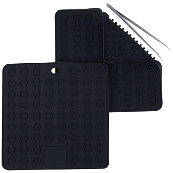 2Pcs Square Silicone Hot Mats for Hot Dishes, Heat Resistant Pot Holder, Heat Insulation Pad Kitchen Tool, with 1Pc Iron Beading Tweezers, Black, 185x185x7mm, Hole: 12mm
