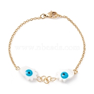 Synthetic Shell Hamsa Hand with Evil Eye Link Bracelet with Enamel, Gold Plated 304 Stainless Steel Jewelry for Women, Cyan, 7-3/4 inch(19.6cm)(BJEW-F431-02G)