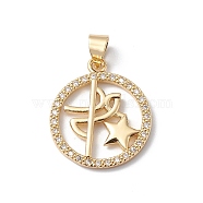 Rack Plating Brass Micro Pave Clear Cubic Zirconia Pendants, Lead Free & Cadmium Free, Long-Lasting Plated, Real 18K Gold Plate, Flat Round with Star Charm, Real 18K Gold Plated, 20.5x18x2mm, Hole: 5x3mm(KK-H434-40G)