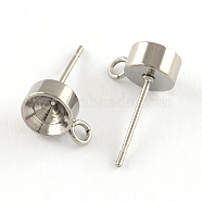 201 Stainless Steel Stud Earring Settings, with Loop and 304 Stainless Steel Pins, Stainless Steel Color, Fit for 6mm rhinestone, 6mm, Hole: 2mm, Pin: 0.8mm(STAS-S041-08)