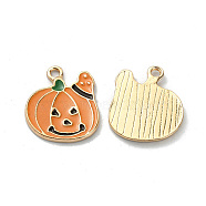 Halloween Rack Plating Alloy Enamel Pendants, Light Gold, Pumpkin Charm, Sandy Brown, 19x17.5x1.5mm, Hole: 2mm(ENAM-P247-07KCG)