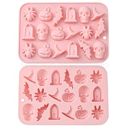 Halloween Theme DIY Skull & Witch Hat & Spider & Bat & Window Food Grade Silicone Molds, Fondant Molds, Resin Casting Molds, for Chocolate, Candy, Resin Craft Making, Pink, 183x125x15mm(SIL-CJC0001-05)