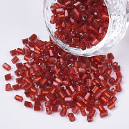6/0 Glass Bugle Beads, Silver Lined, Red, 3.5~5x3.5~4mm, Hole: 1mm, about 4500pcs/bag(SEED-S032-04B-04)