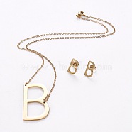 304 Stainless Steel jewelry Sets, Stud Earring and Pendant Necklaces, Alphabet, Golden, Letter.B, 18.7 inch~20.2 inch(47.5~51.3cm), 15x7~12mm, Pin: 0.8mm(SJEW-L141-001B)