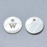 Natural White Shell Mother of Pearl Shell Charms, with Iron Sticker, Flat Round with Letter, Letter.W, 13x2mm, Hole: 1.5mm(X-SSHEL-N036-053W)
