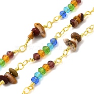 Handmade Brass Link Chains, with Natural Mookaite & Glass Beads & Spool, Long-Lasting Plated, Soldered, Lead Free & Cadmium Free, Golden, Link: 15.5~19x6~11.5x4~4.5mm(CHC-L053-07G)