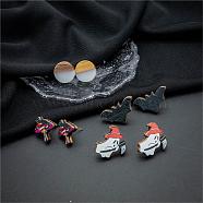 Halloween Mushroom Ghost Bat Wood Stud Earring Sets, Resin & Wood Flat Round Ear Studs for Women, Mixed Color, 15~25x15~18mm, 4pairs/set(EJEW-OY002-04)