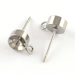 Non-Tarnish 201 Stainless Steel Stud Earring Settings, with Loop and 304 Stainless Steel Pins, Stainless Steel Color, Fit for 6mm rhinestone, 6mm, Hole: 2mm, Pin: 0.8mm(STAS-S041-08)