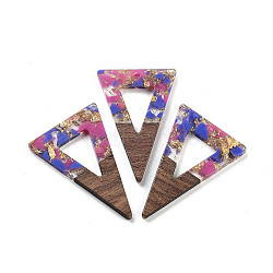 Walnut Wood Pendants, Resin and Gold foil, Triangle, Pearl Pink, 45x30x3.5mm, Hole: 2mm(FIND-Z050-03K)