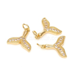 Brass Micro Pave Cubic Zirconia Charms, with Jump Ring, Long-Lasting Plated, Fishtail, Clear, Golden, 14.5x14x2.5mm, Hole: 3mm(ZIRC-G167-01G)