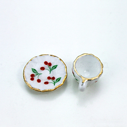 2Pcs Cherry Pattern Mini Porcelain Teacup & Saucer Set, for Dollhouse Accessories, Pretending Prop Decorations, White, Teacup: 12x7x9mm, Saucer: 17mm(BOTT-PW0001-209)