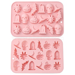 Halloween Theme DIY Skull & Witch Hat & Spider & Bat & Window Food Grade Silicone Molds, Fondant Molds, Resin Casting Molds, for Chocolate, Candy, Resin Craft Making, Pink, 183x125x15mm(SIL-CJC0001-05)