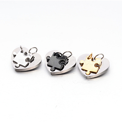 Valentine's Couple Jewelry Lovers 304 Stainless Steel Heart with Puzzle Jigsaw Split Pendants, Mixed Color, 17x17x3mm, Hole: 5mm, 24x28x3mm, Hole: 7.5mm(STAS-E090-46)