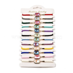 12Pcs 12 Colors Polyester Bracelets, Brass Glass Links Jewelry for Women, Rectangle, Mixed Color, 7-1/2 inch(19cm)(BJEW-P340-11G)