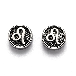 304 Stainless Steel Beads, Flat Round with Twelve Constellations, Antique Silver, Leo, 10x4mm, Hole: 1.8mm(STAS-J033-01F)