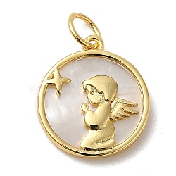 Natural Shell Pendants, Rack Plating Brass Prayer Angel Charms, with Jump Ring, Lead Free & Cadmium Free, Real 18K Gold Plated, 17.5x15.5x2.5mm, Hole: 4.5mm(KK-M271-08G)