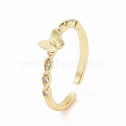 Clear Cubic Zirconia Butterfly Open Cuff Ring, Brass Jewelry for Women, Real 18K Gold Plated, US Size 7 1/4(17.5mm)(X-RJEW-B028-16G)