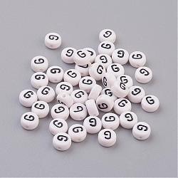 Acrylic Horizontal Hole Letter Beads, Flat Round, White, Letter G, 7x4mm, Hole: 1.2~1.8mm(X-PL37C9070-G)
