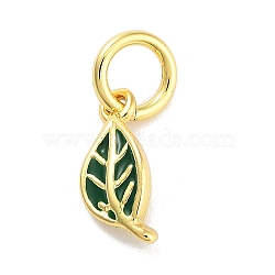 Real 18K Gold Plated Rack Plating Brass Enamel Charms, with Jump Ring, Long-Lasting Plated, Lead Free & Cadmium Free, Leaf Charm, Green, 9.5x4x1.5mm, Hole: 3mm(KK-M293-25G-01)