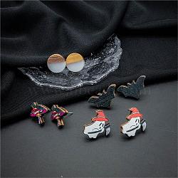 Halloween Mushroom Ghost Bat Wood Stud Earring Sets, Resin & Wood Flat Round Ear Studs for Women, Mixed Color, 15~25x15~18mm, 4pairs/set(EJEW-OY002-04)