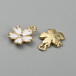 Alloy Enamel Pendants, with Rhinestone, Sakura Charms, Golden, White, 17x14x2.5mm, Hole: 1.8mm(ENAM-CJC0006-64A)