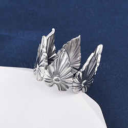 304 Stainless Steel Cuff Rings, Stainless Steel Color, Leaf, 15.5mm, Inner Diameter: 18mm(RJEW-D306-27P-03)