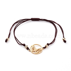 Adjustable Nylon Cord Braided Bead Bracelet, with 201 Stainless Steel Links and Brass Beads, Ring with Butterfly, Golden, Coconut Brown, Inner Diameter: 3-1/2 inch(9cm)(BJEW-JB05828-04)