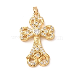 Brass Micro Pave Cubic Zirconia Pendants, Cross Charms, Rack Plating, Long-Lasting Plated, Lead Free & Cadmium Free, Real 18K Gold Plated, Clear, 44x27x4.5mm, Hole: 6x2.5mm(CU-CBA2F11-17G-01)