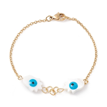 Synthetic Shell Hamsa Hand with Evil Eye Link Bracelet with Enamel, Gold Plated 304 Stainless Steel Jewelry for Women, Cyan, 7-3/4 inch(19.6cm)