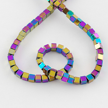 Non-magnetic Synthetic Hematite Beads Strands, Grade A, Cube, Multi-color Plated, 4x4x4mm, Hole: 1mm
