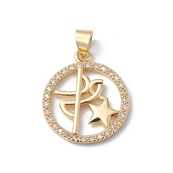 Rack Plating Brass Micro Pave Clear Cubic Zirconia Pendants, Lead Free & Cadmium Free, Long-Lasting Plated, Real 18K Gold Plate, Flat Round with Star Charm, Real 18K Gold Plated, 20.5x18x2mm, Hole: 5x3mm