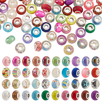 100Pcs 5 Styles Resin & Acrylic European Beads, Large Hole Beads, with Silver Color Plated Brass Cores, Faceted, Rondelle, Mixed Color, 13~14x8~9.5mm, Hole: 4.8~5mm, 20pcs/style