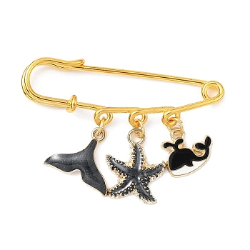 Marine Theme Pendant Alloy Enamel Brooches, Golden Iron Kilt Pins for Women, Starfish & Shell & Fishtail, Black, 39x50x5.5mm