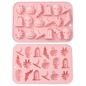 Halloween Theme DIY Skull & Witch Hat & Spider & Bat & Window Food Grade Silicone Molds, Fondant Molds, Resin Casting Molds, for Chocolate, Candy, Resin Craft Making, Pink, 183x125x15mm