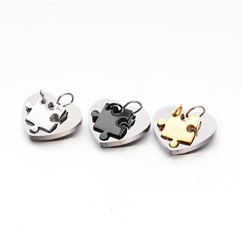 Valentine's Couple Jewelry Lovers 304 Stainless Steel Heart with Puzzle Jigsaw Split Pendants, Mixed Color, 17x17x3mm, Hole: 5mm, 24x28x3mm, Hole: 7.5mm