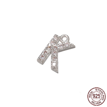 Real Platinum Plated Rhodium Plated 925 Sterling Silver Micro Pave Clear Cubic Zirconia Charms, Initial Letter, Letter K, 9x5.5x1.5mm, Hole: 0.9mm